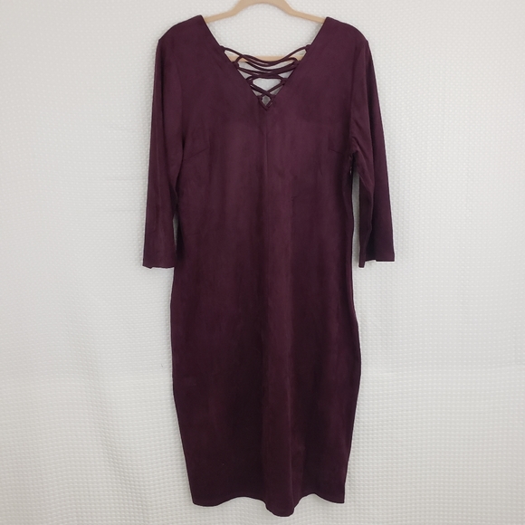 Gili Midi Dress Faux Suede Lace Up Neck Dress Wine Plum size Large Boho Retro - Picture 2 of 9